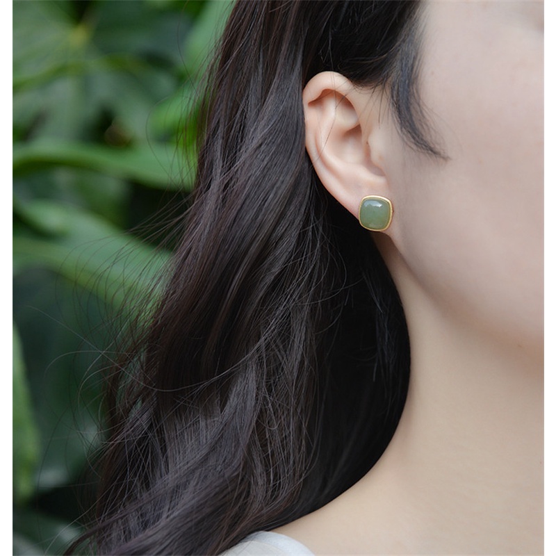 Anting Stud Giok Hetian Natural Bentuk Persegi Untuk Wanita