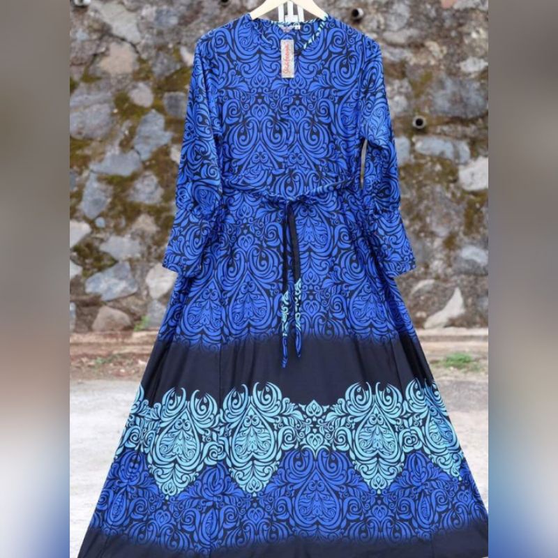 [SHAFEEYA] Gamis Dewasa Motif Batik Titanium Satin Size M l Kayra Biru Elektrik