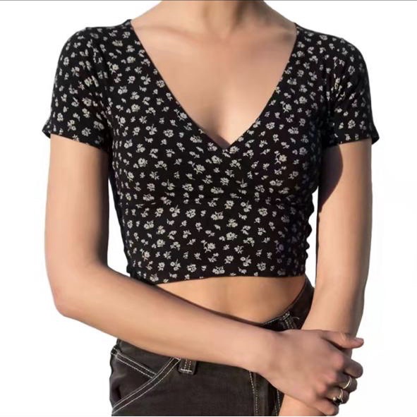 IL - Enrosie Crop Top Wanita | Crop Top Wanita Deep V Motif Bunga