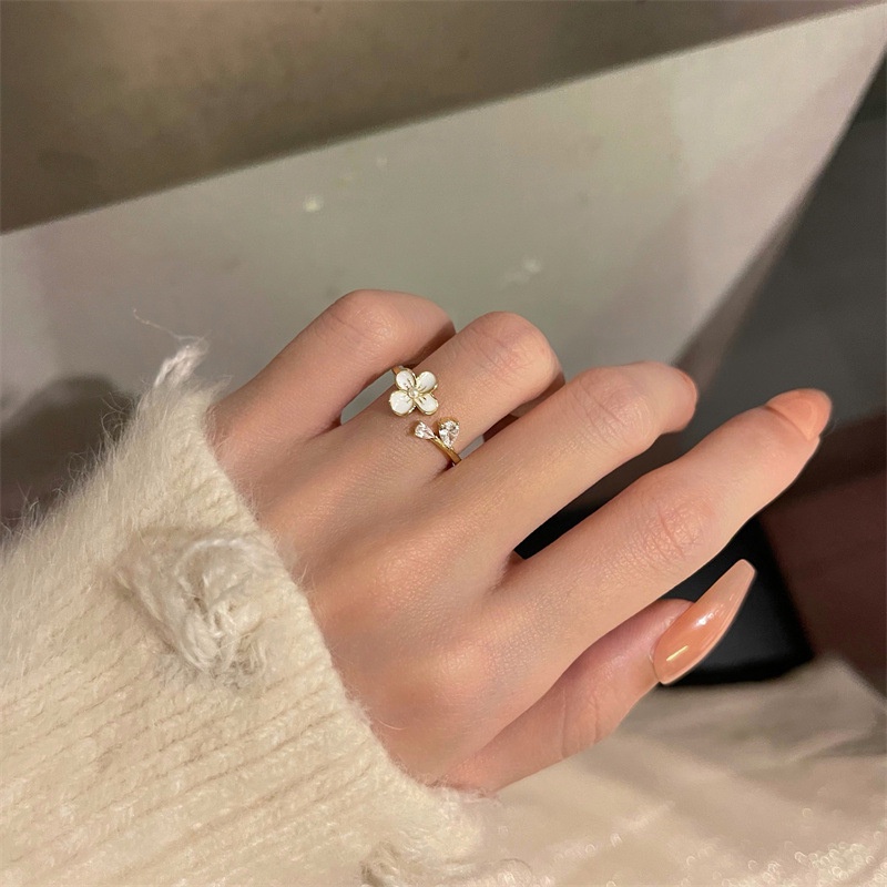 (tahan pudar)Cincin Jari Telunjuk Model Terbuka Dapat Disesuaikan Desain Bunga Aksen Mutiara Untuk Wanita Rings