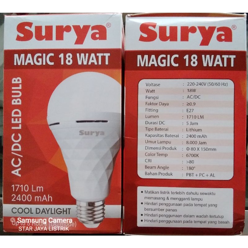 SURYA Lampu Emergency/Lampu Magic 9W~12W~18W (Otomatis menyala saat listrik padam)
