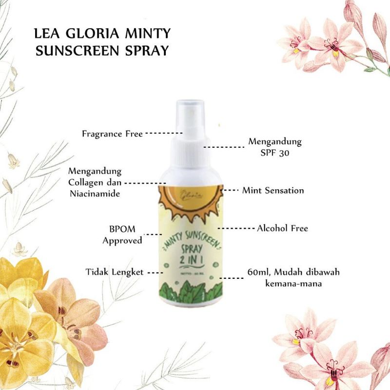 [BPOM] Lea Gloria Minty Sunscreen Spray Mist | Reapply Sunblock Praktis | Sun Screen Sunblok block blok | Pelindung wajah dari mata hari