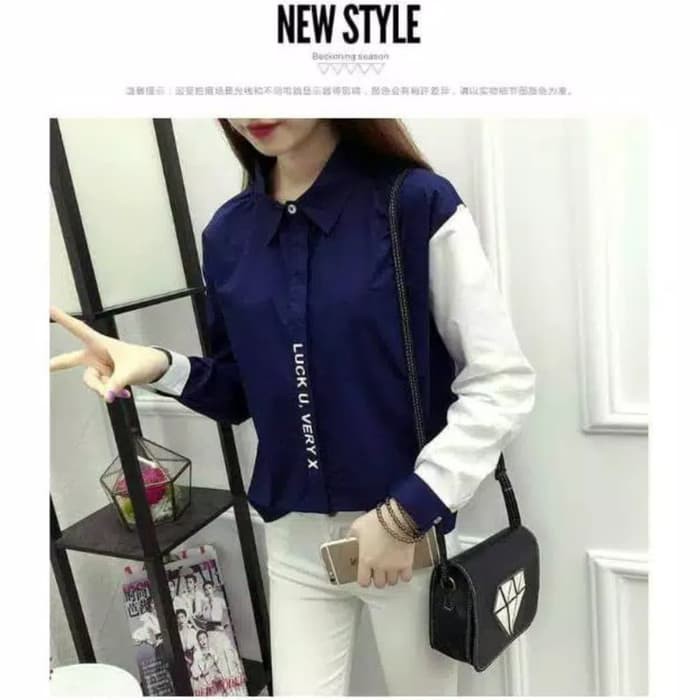 BAJU WANITA KEMEJA LUCK - NAVY PROMO