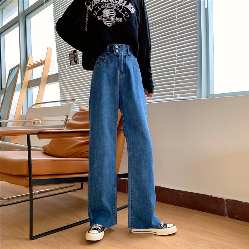 Celana jeans panjang casual longgar kaki lebar berpinggang tinggi wanita Korea