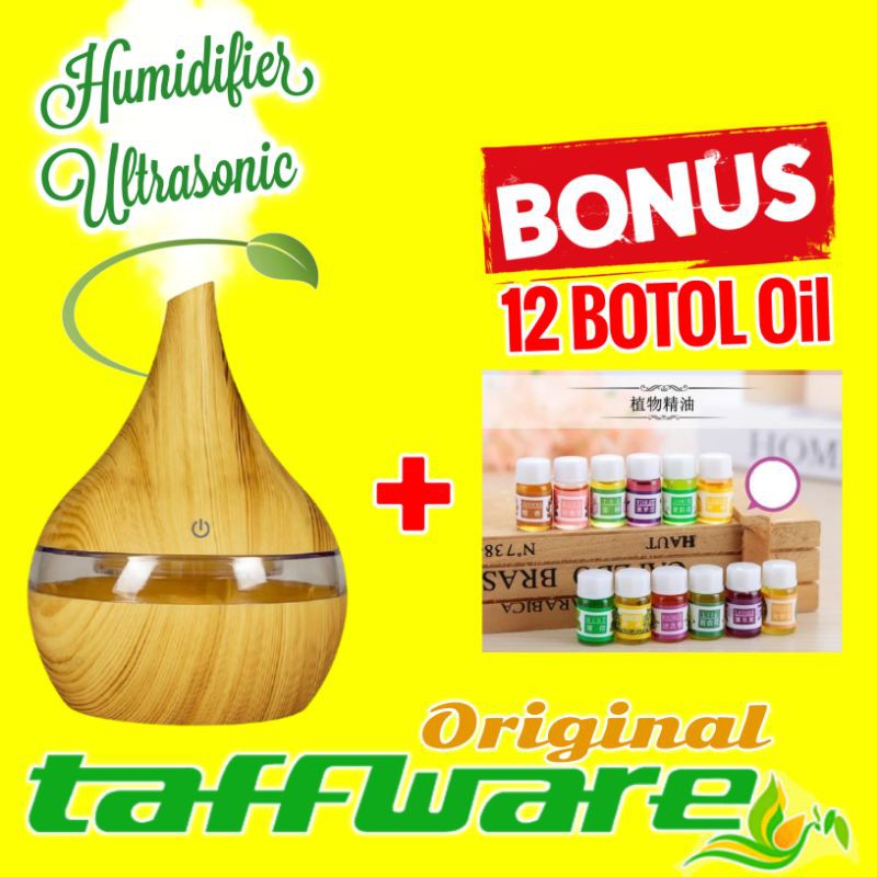 Humidifier Diffuser Aromaterapi Oil LED Aromatherapy Disfuser Ultrasonic Taffware Pelembab Udara-Coklat Muda + 12 Oil