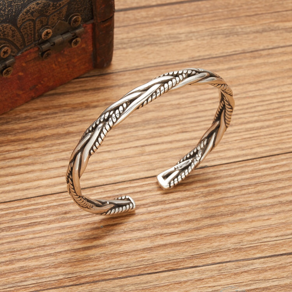 Gelang Model Terbuka Bahan Lapis Silver Desain Anyaman Gaya Retro / Unik / Simple / Punk Handmade Untuk Hadiah