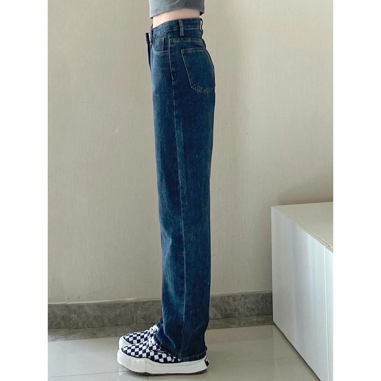 Korean Bergaya Biru abu-abu Celana Jeans Highwaist Loose Kulot Jeans Wanita