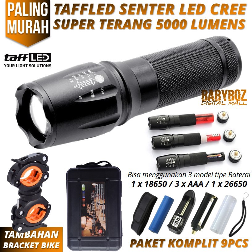 Jual BABYBOZ - TaffLED Senter LED Cree XM-L T6 bisa 3 model baterai