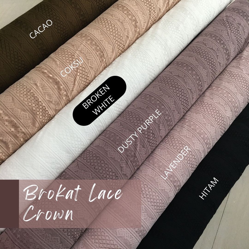 Kain Brokat Brukat Lace Salur Crown Premium Warna Dusty Purple, Coklat Susu, Cacao, Broken White, Hi