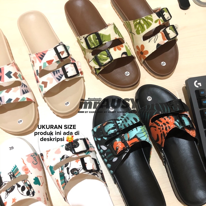 Sandal Selop Wanita Cewek Casual mrAUSY Strap 2 Gesper 2 Motif