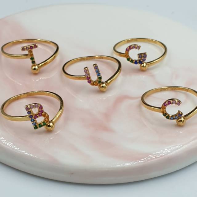 cincin huruf B G permata rainbow emas asli 16K