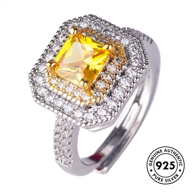 Cincin Tunangan Silver S925 Hias Berlian Kuning Bentuk Kotak Untuk Wanita