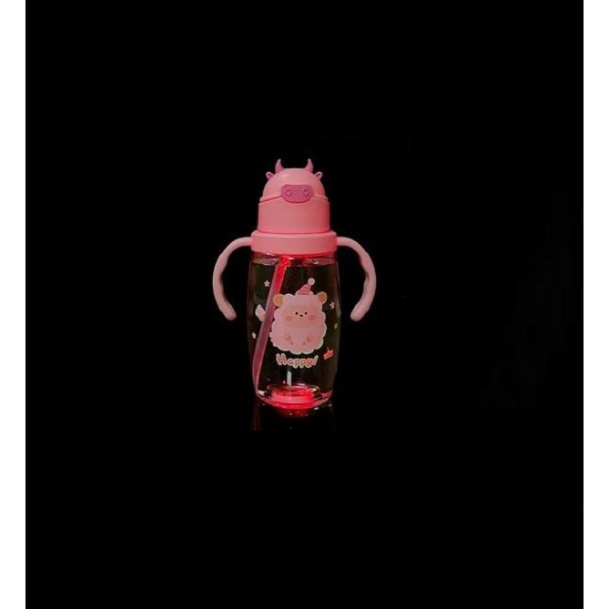 Botol Minum Anak - Botol Minum LED Anak Motif Sapi Dengan Lampu Led Karakter 550 ML 2 in 1 Tali dan Gagang - Botol B889