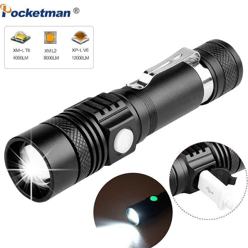 Pocketman Senter LED USB Rechargeable XML-T6 6200 Lumens 10W - P15 [Hitam]