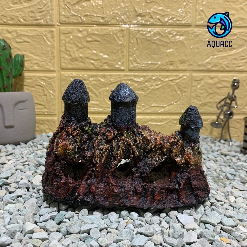 Hiasan Aquarium Ornamen Aquascape Batu Cadas Kastil Castle Semen Bukan Resin Fiber Kuat Tahan Lama