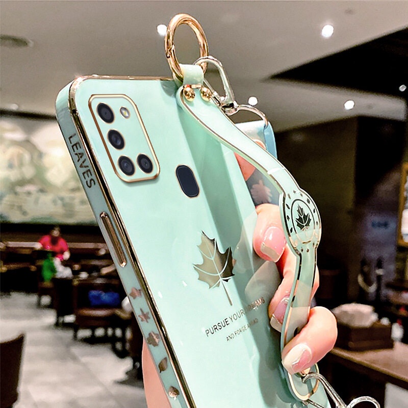 Case Motif Daun Maple Dengan lanyard Untuk Samsung Galaxy A21S