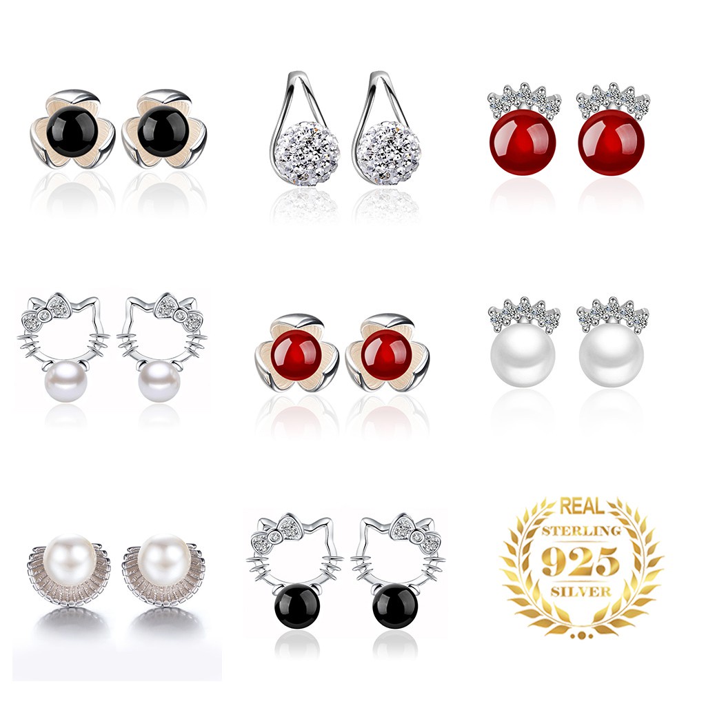 925 Perak Lucu Anting-Anting Anting-Anting Gaya Korea Wanita Hello Kitty Mutiara Shell Hitam dan Merah Batu Akik Perhiasan