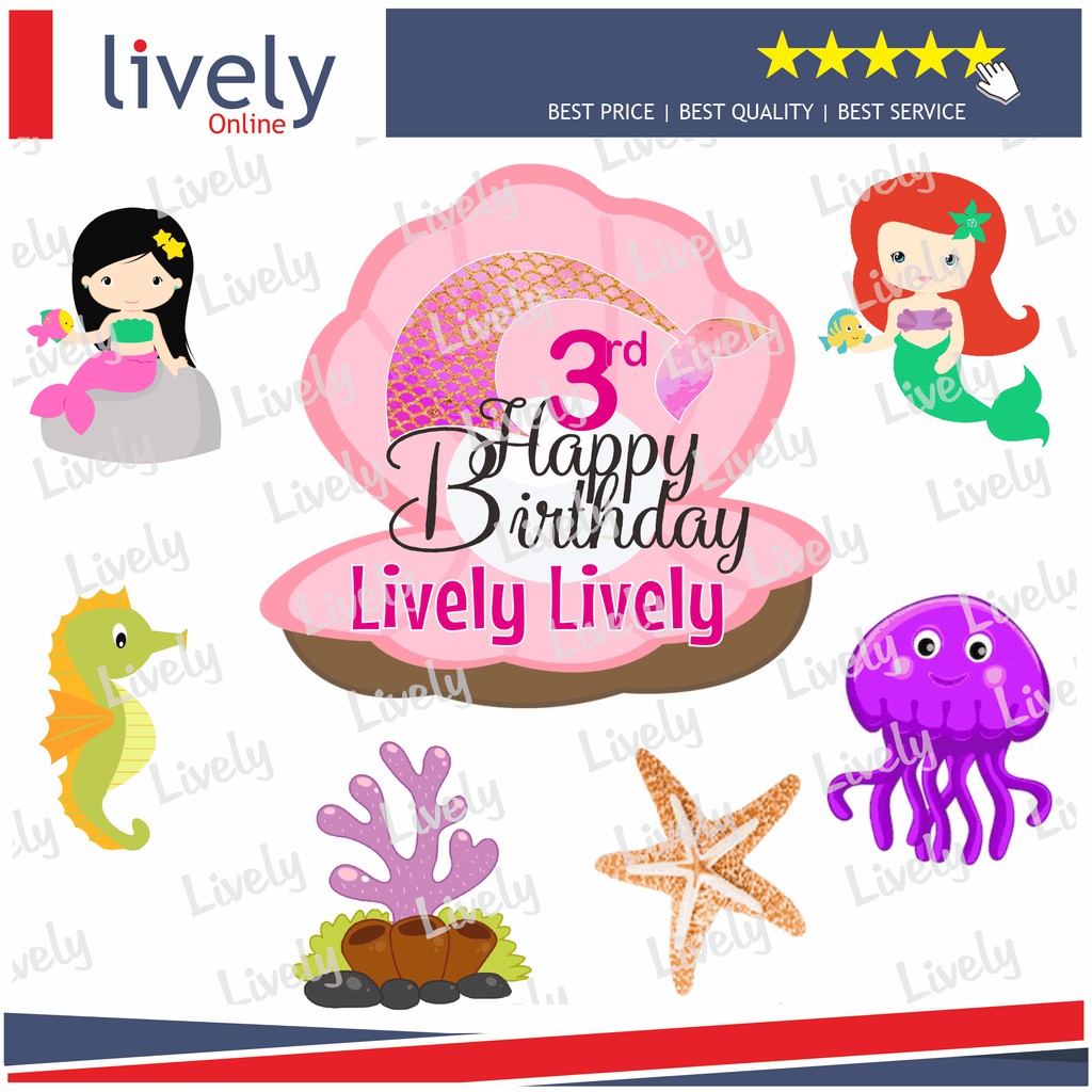 CUSTOM NAMA HIASAN KUE ULANG TAHUN KARAKTER MERMAID 02 CAKE TOPPER HAPPY BIRTHDAY