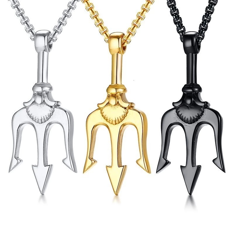 Kalung Rantai Klavikula Liontin Trident Bahan Stainless Steel Metal Gaya Punk Hip-Hop Untuk Pria