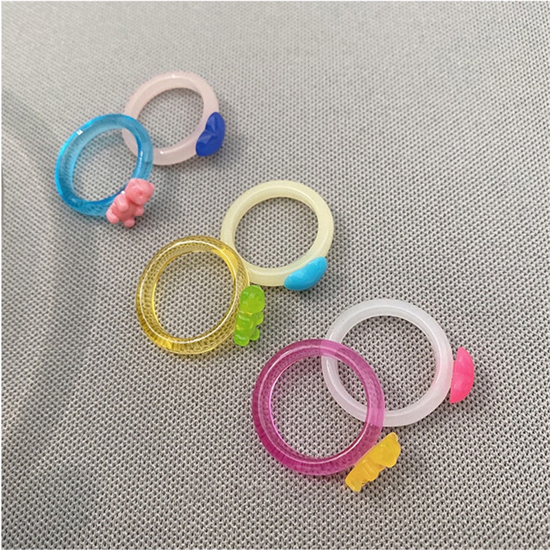 [ACKER] 2Pcs/set Cincin Resin Desain Hati Beruang Kartun Lucu Untuk Wanita