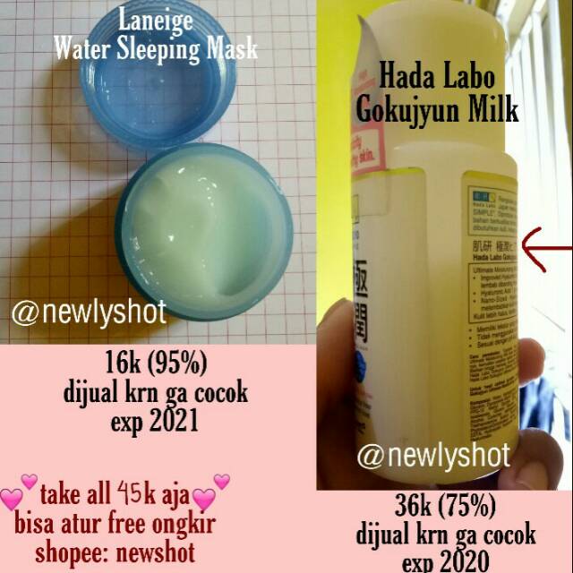 Jual Laneige Water Sleeping Mask & Hada Labo Gokujyun Milk (PRELOVED