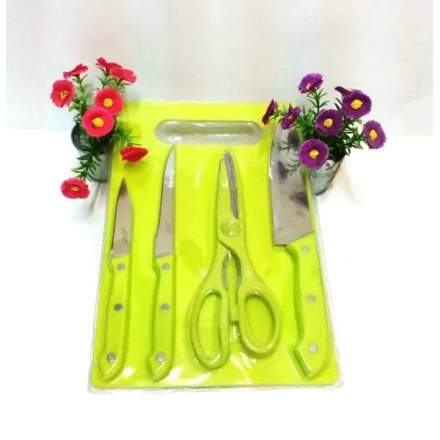 Telenan Paket Pisau Dapur 5 Pcs Knives Set Roti.talenan Daging.gunting Sayur Makanan Cutting Board