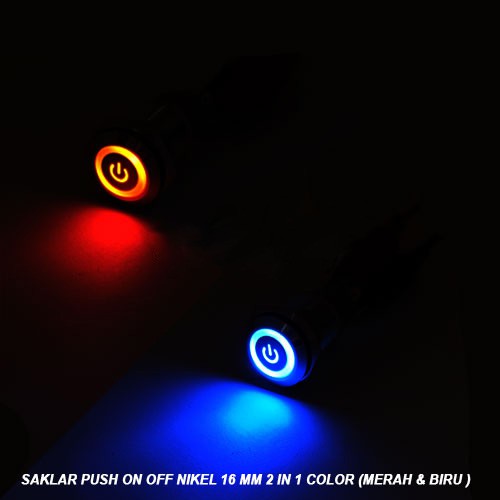 Saklar Push On Off Logo Power Nikel 16 mm 2 in 1 Color (Merah &amp; Biru)