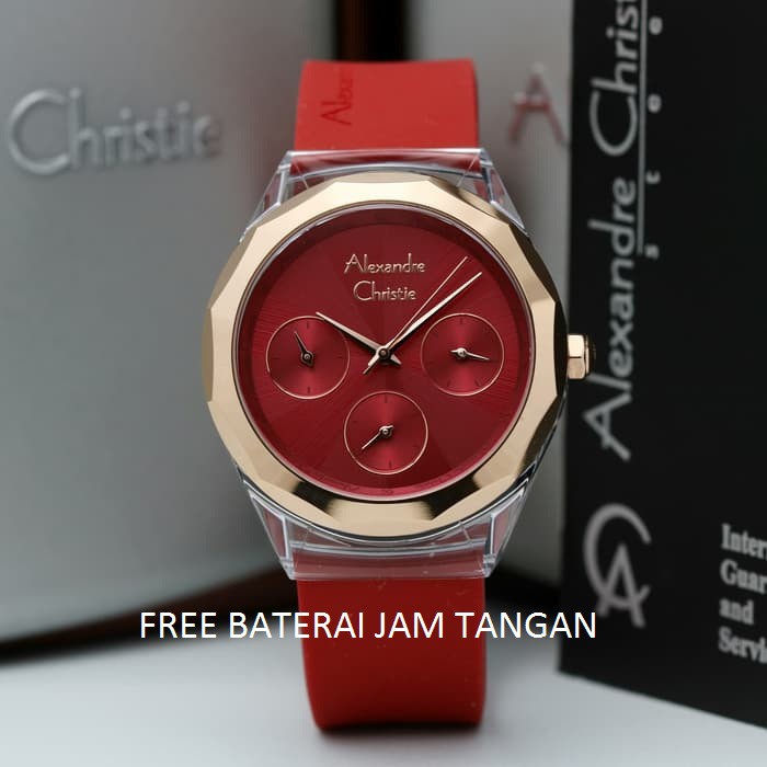 JAM TANGAN WANITA ALEXANDRE CHRISTIE AC 2808 WANITA ROSEGOLD RED RUBBER RED ORIGINAL GARANSI 1 TAHUN