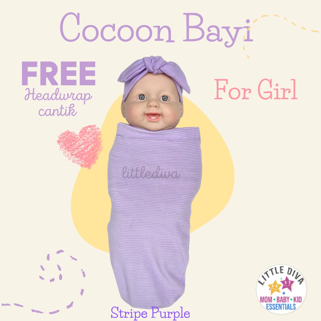 COCOON BABY WRAP Bedong Bayi Instant Stripe Purple FREE HEADWRAP ATAU TOPI Bedong Instan Newborn coocoon AKACHAN