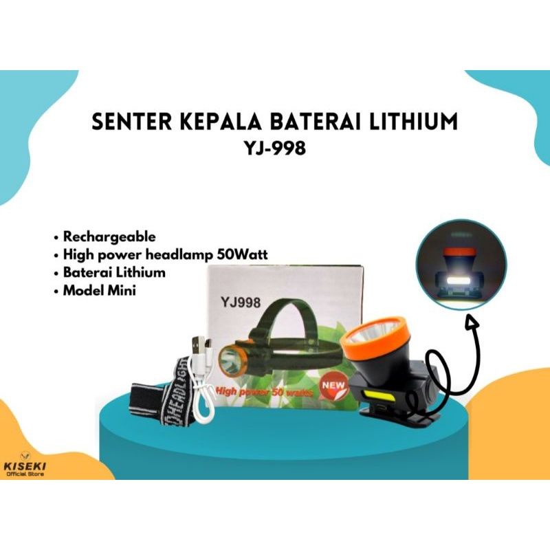 Senter Kepala Baterai Lithium 50 Watt Kiseki YJ -  998 Rechargeable