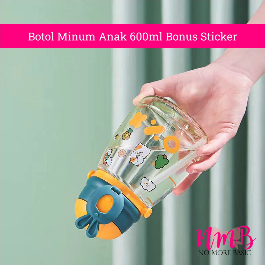 Botol Minum Anak 600ml Bonus Sticker Dengan Gagang Sedotan Karakter Kartun