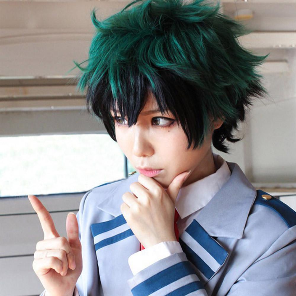 Needway My Hero Academia Wig Unisex Kostum Pendek Tahan Panas Hitam Dan Hijau Wig Cosplay Anime