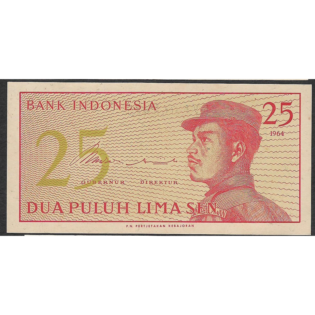 Uang Kertas Indonesia 25 Sen Dwikora Sukarelawan 1964 UNC Baru Gress