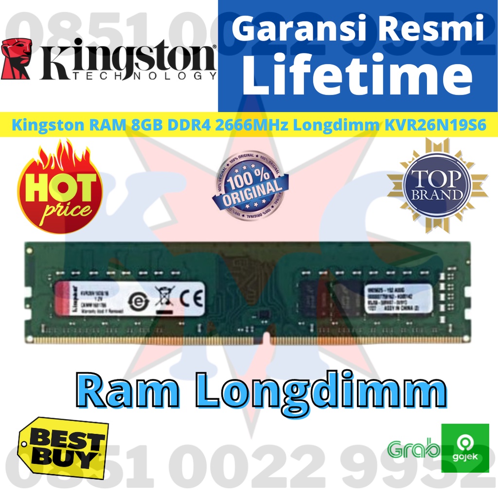 Kingston RAM 8GB DDR4 2666MHz Longdimm KVR26N19S6 Garansi Resmi