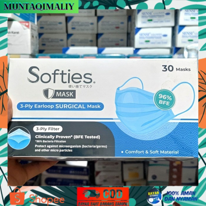 [TERBARU] Softies Earloop Surgical Mask 3ply isi 30/Masker Medis Softies 3 lapis - Biru Muda
