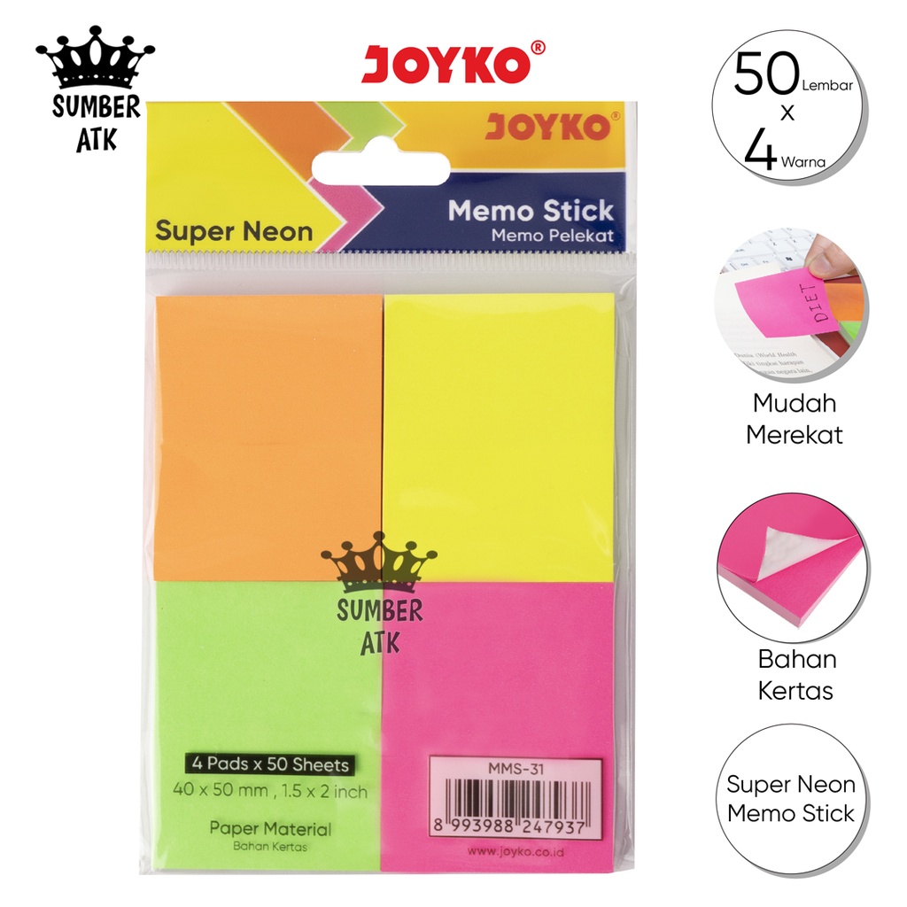 

Memo Stick Sticky Note Kertas Memo Tempel Joyko MMS-31 Super Neon