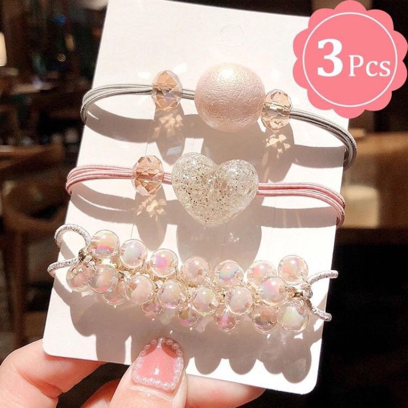 3 Pcs Ikat Rambut Karet Elastis Hias Crystal+Mutiara Elegan Gaya Korea untuk Wanita