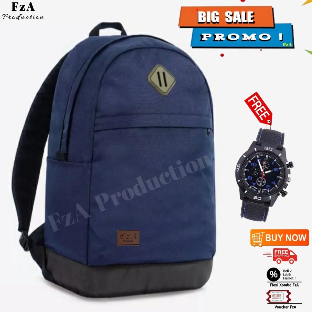 Tas Ransel Punggung Distro Casual Pria Wanita / Tas Ransel Laptop Original - FzA Gratis Jam Tangan Sporty