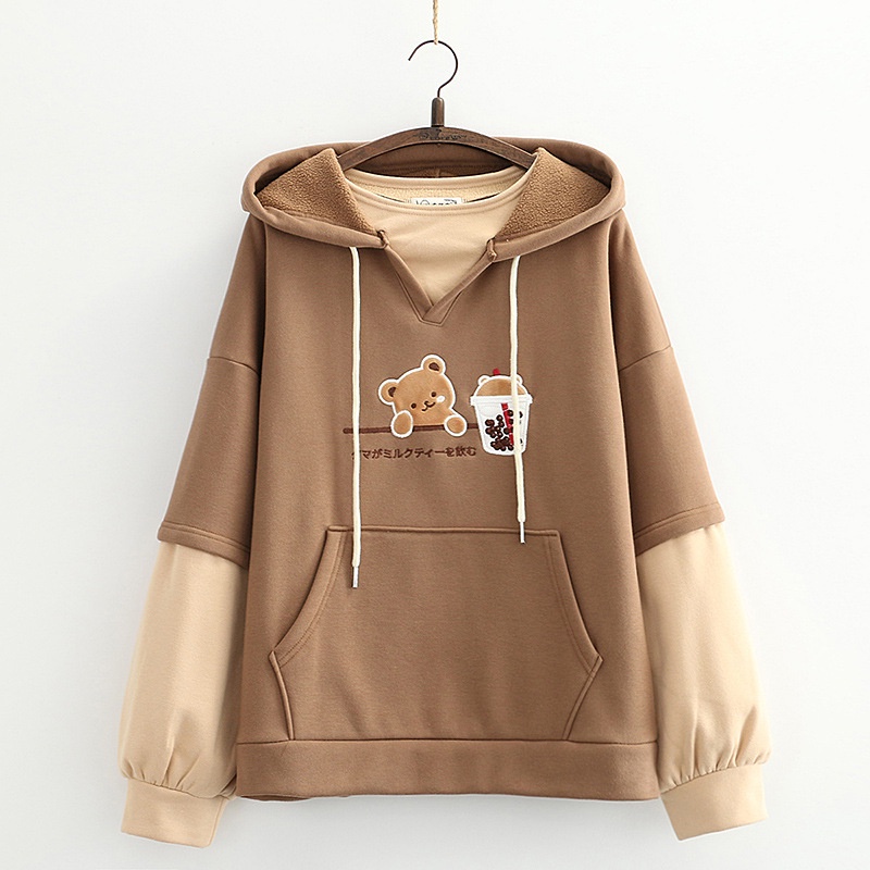 Vallina Bear and Bubble Tea Cartoon Hoodie Premium Fleece Sweater Wanita Korean Style-3