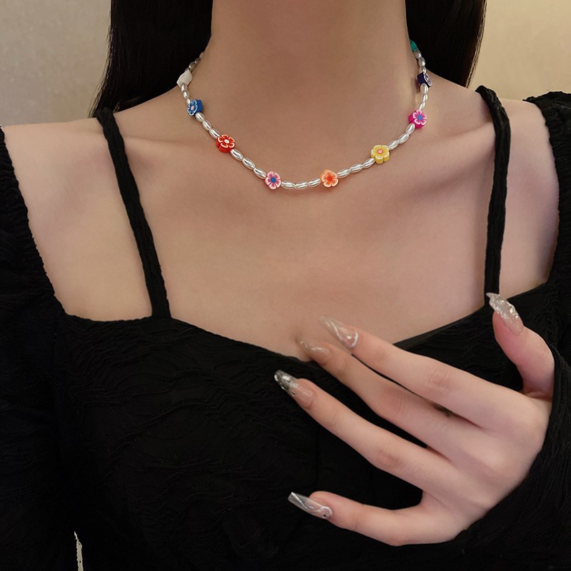 Kalung Choker Manik-Manik Mutiara Warna-Warni Bentuk Bunga Dan Bintang