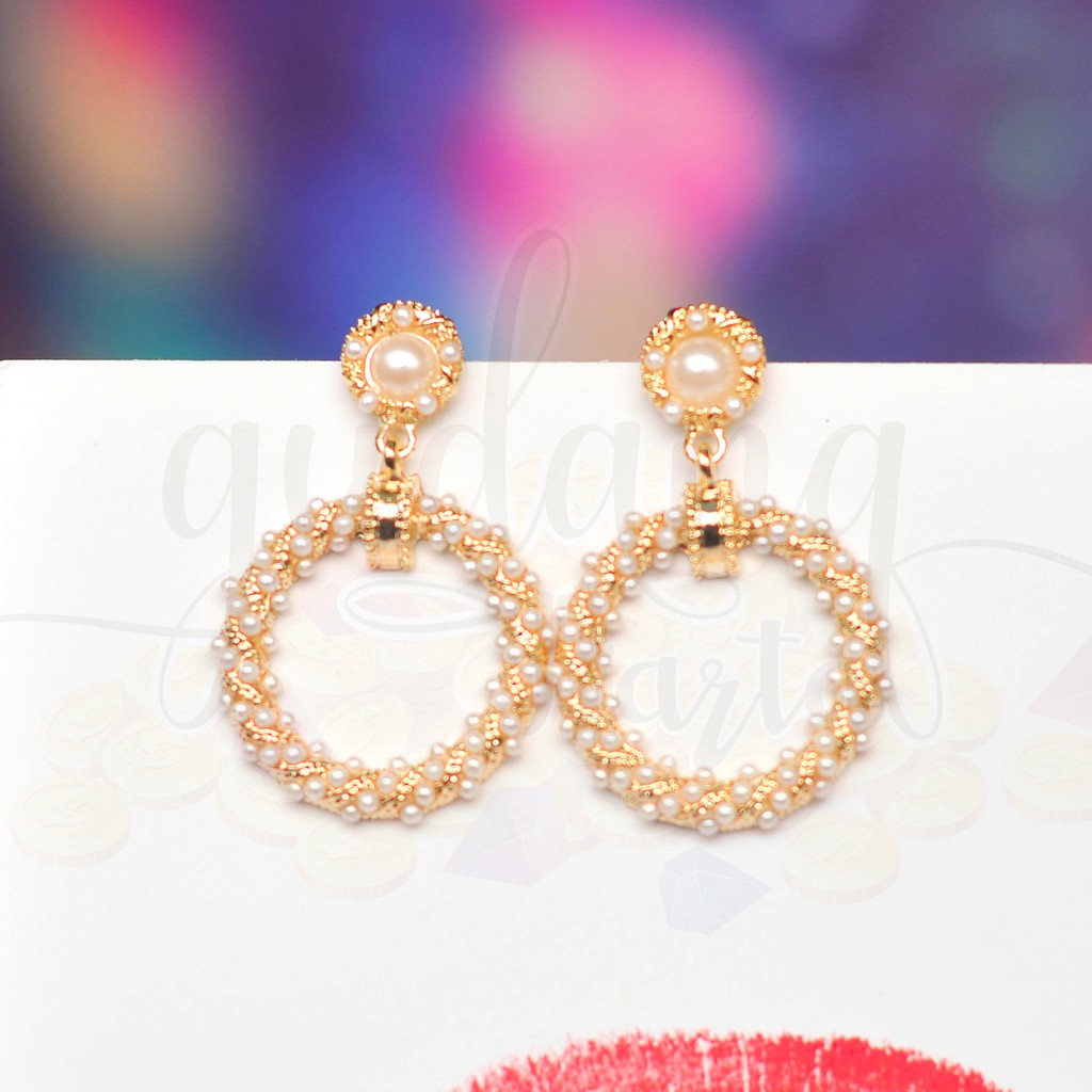 Anting Stud Simple Circle with Pearl Mutiara Gold Panjang Pesta GH 203291