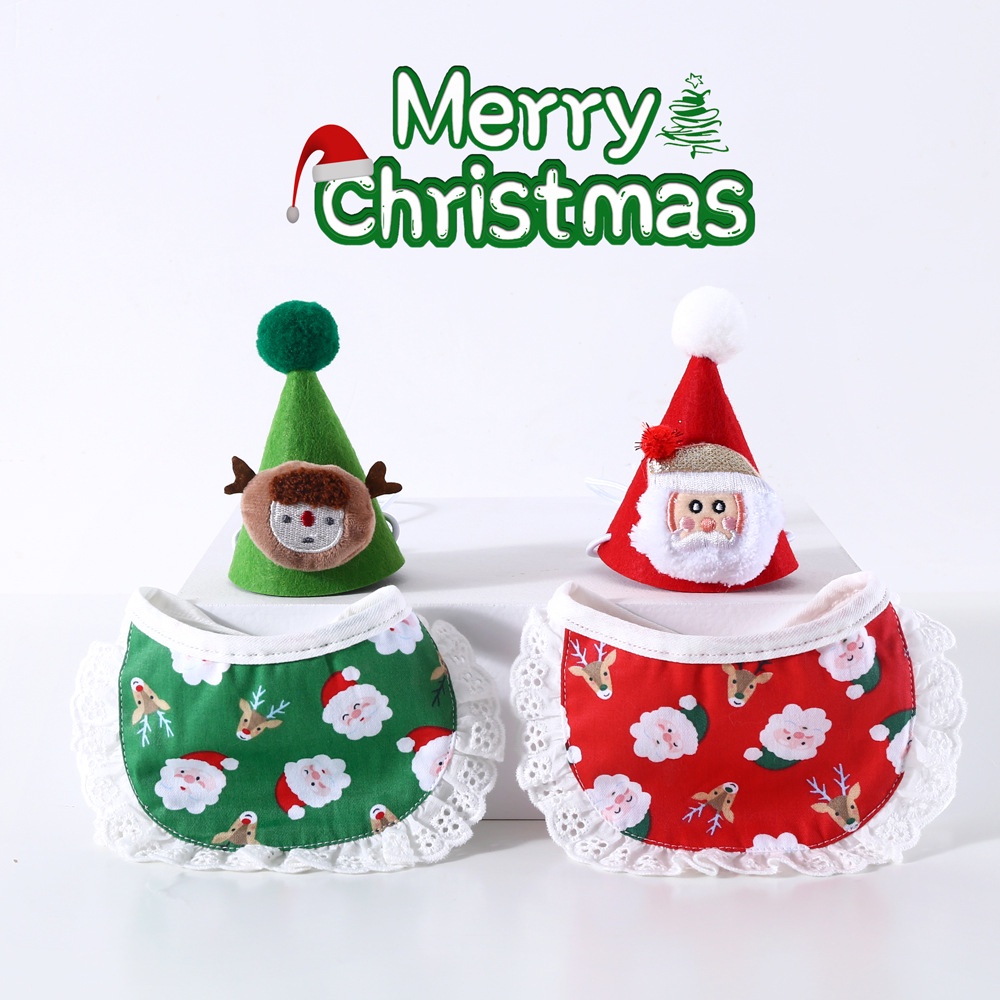 Set Topi Air Liur Motif Kartun Santa Rusa Natal Bahan Plush Untuk Kucing Anjing Peliharaan