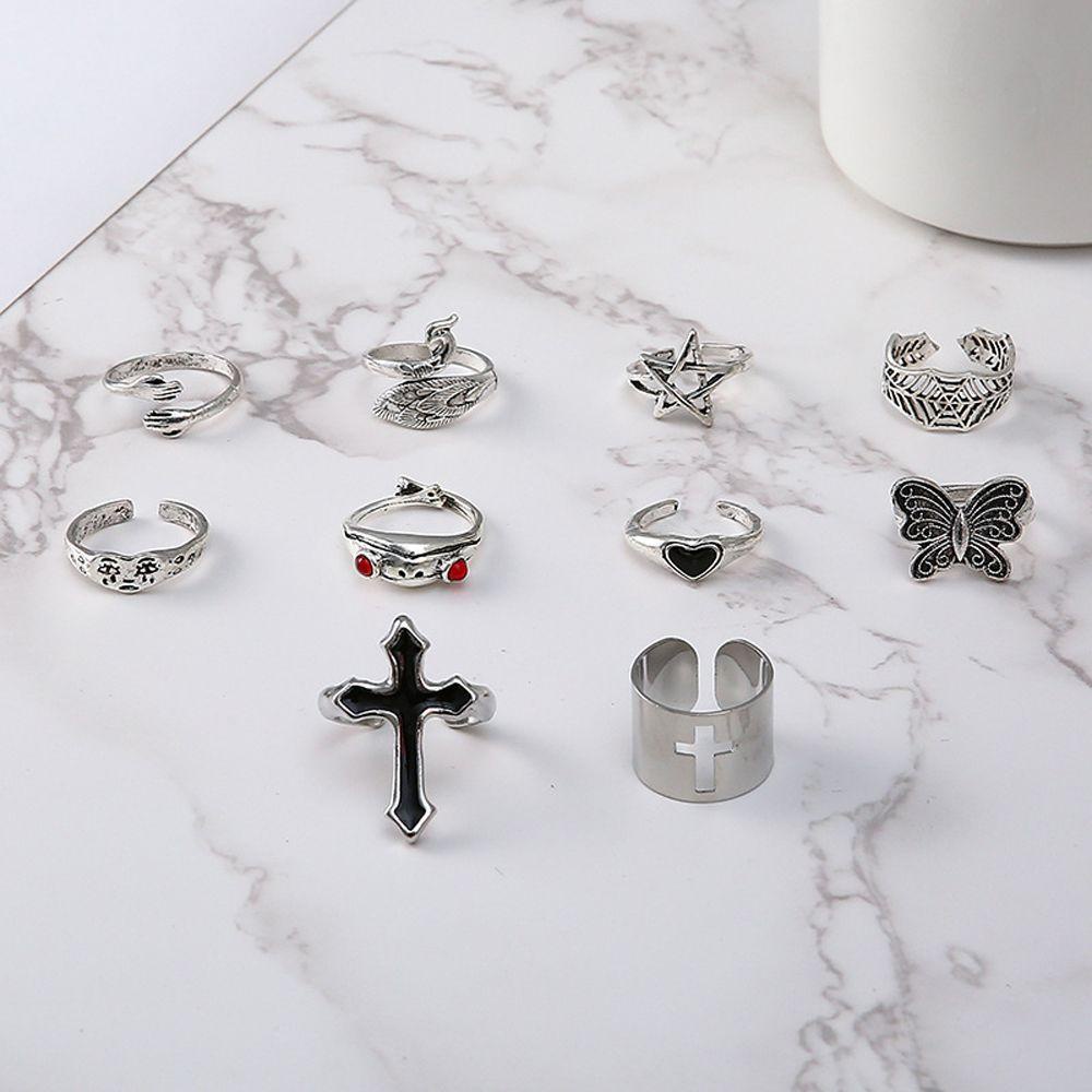 10pcs / set 12pcs / set Cincin Jari Desain Wajah Bintang Butterfly Bahan Alloy Gaya Vintage Korea Untuk Pasangan