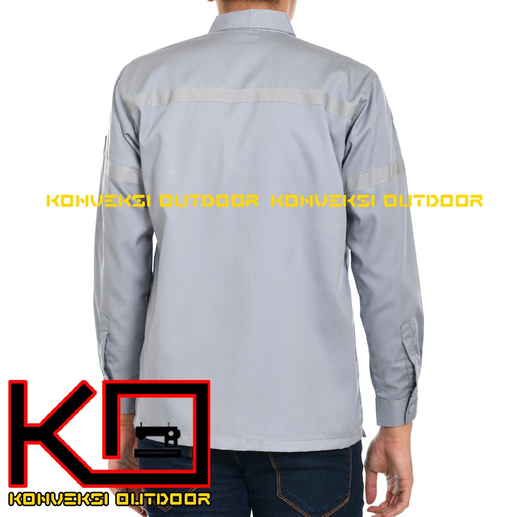 BAJU KEMEJA SAFETY WEARPACK K3 OUTDOOR PREMIUM LENGAN PANJANG - Seragam Proyek Pria Kerja Lapangan Bangunan Tambang Alat Berat PLN Enginer Instalasi Mesin Warepack Werpak Werpack Warepak Warpack Warpak Teknisi scotlet Warna Abu - abu Konveksi Outdoor