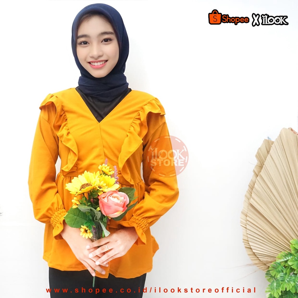 ilook | Blouse Ceria | Jiju Blouse Korean Style | Blouse Crinkle Ruffle | Atasan Blouse Wanita | Bahan Creepe-BLS CERIA - MUSTARD