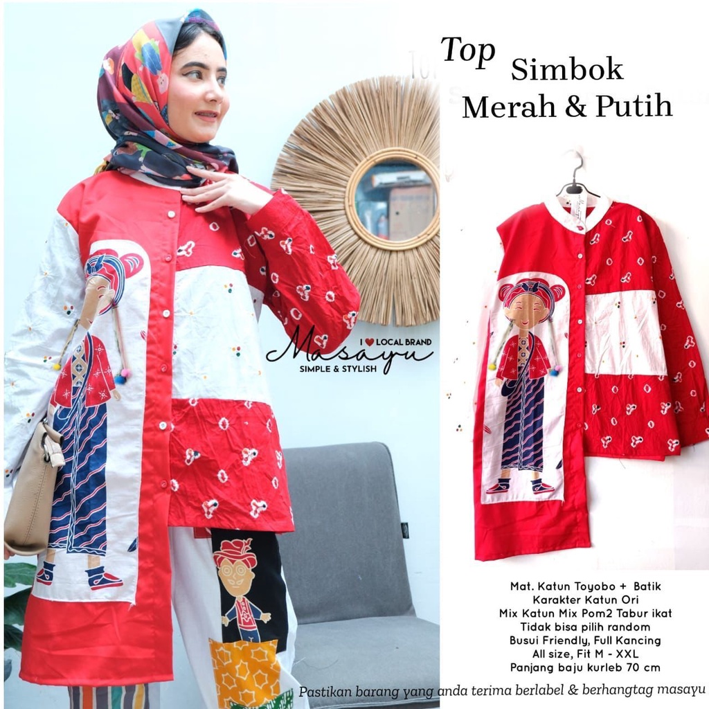 PREMIUM Top Simbok MERAH PUTIH Jumputan Batik Lengan Panjang Dress Kancing Wanita Katun