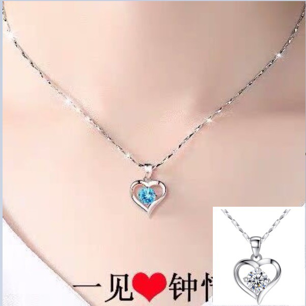 Kalung + Liontin S925 D13 Sterling Silver ANTI KARAT Plated Emas Putih Korea Fashion  Wanita Love