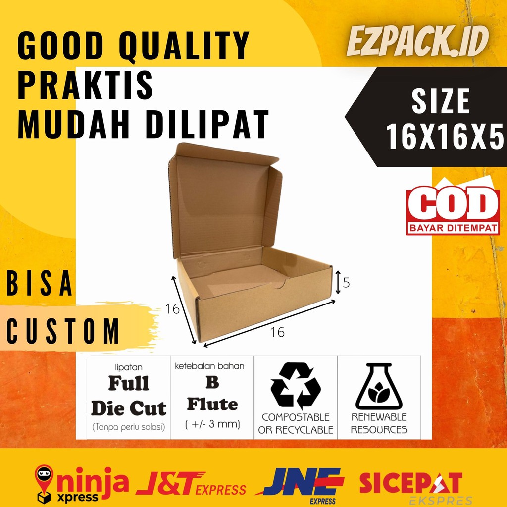 

Kardus packaging box die cut 16x16x5 kotak packing box hampers, hijab, baju, makanan (bisa custom)