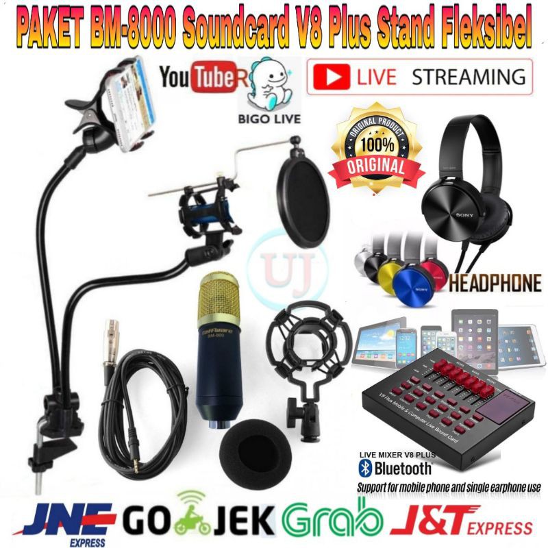 Paket Hemat Microphone BM800 Soundcard Mixer V8 plus Stand Fleksibel Home Recording Terbaik