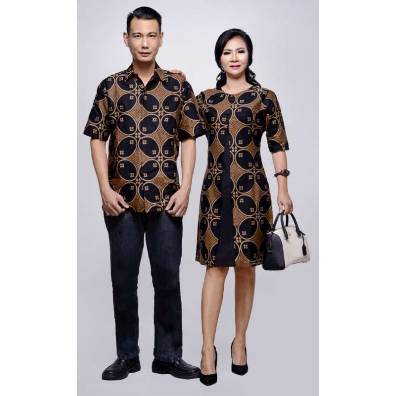 Baju Pasangan Couple Dress Kemeja Batik Mawar Kawung Hitam